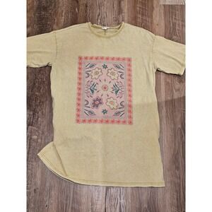 Easel Los Angeles Mineral Wash Floral Graphic T-Shirt Dress Boho Mustard Small